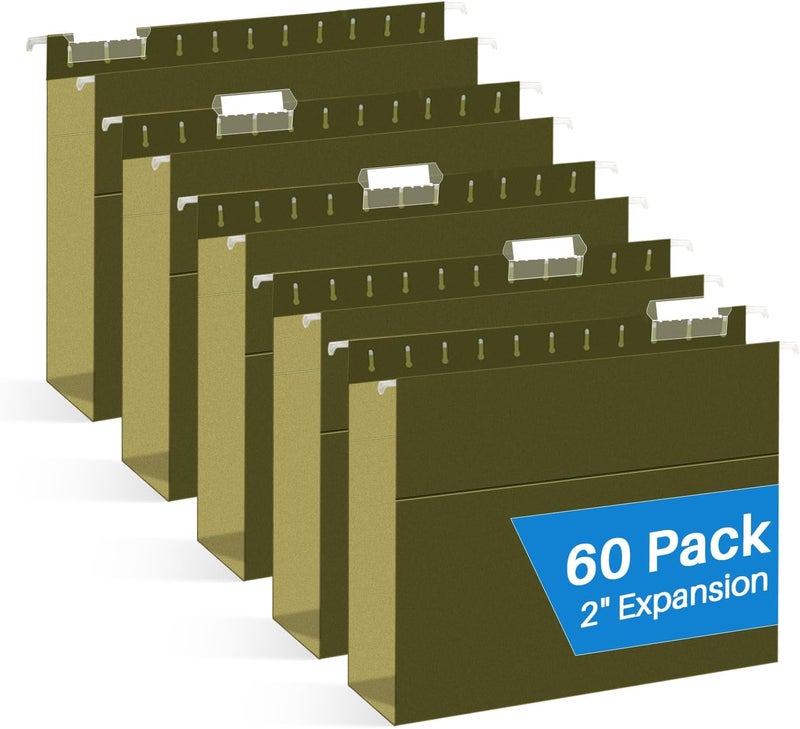 RAZCC Extra Capacity Hanging File Folders, 60 Pack Letter Size Reinforced Hanging Folders with Heavy Duty 2 Inch Expansion for Bulky Files, Filing Cabinet, Adjustable Tabs, Green - Image 1